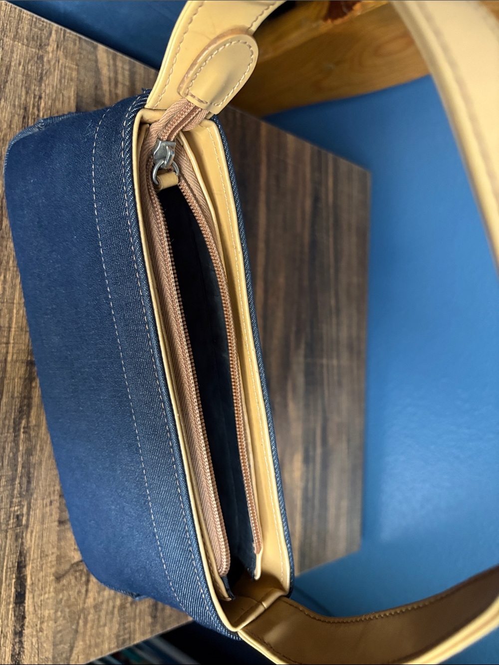 Navy Denim Shoulder Bag with Mustard Strap - Picture 3 of 3